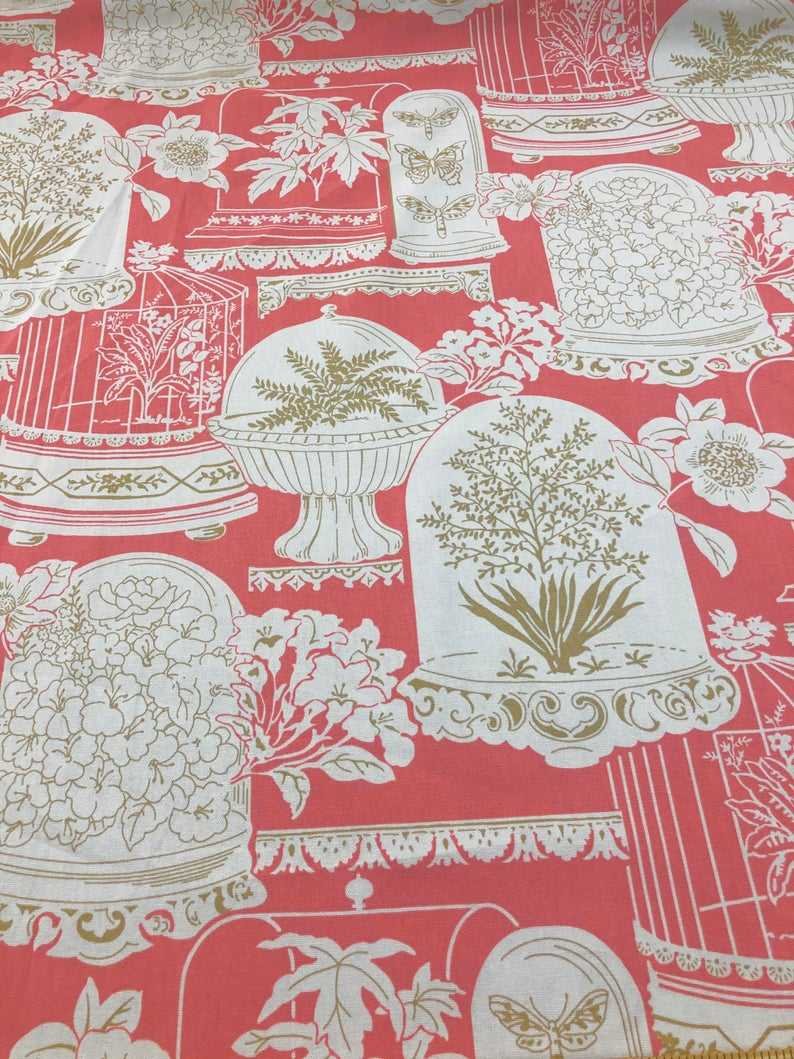 Chinoiserie Toile Ginger Jars Coral White Fabric Curtains Botanical Floral