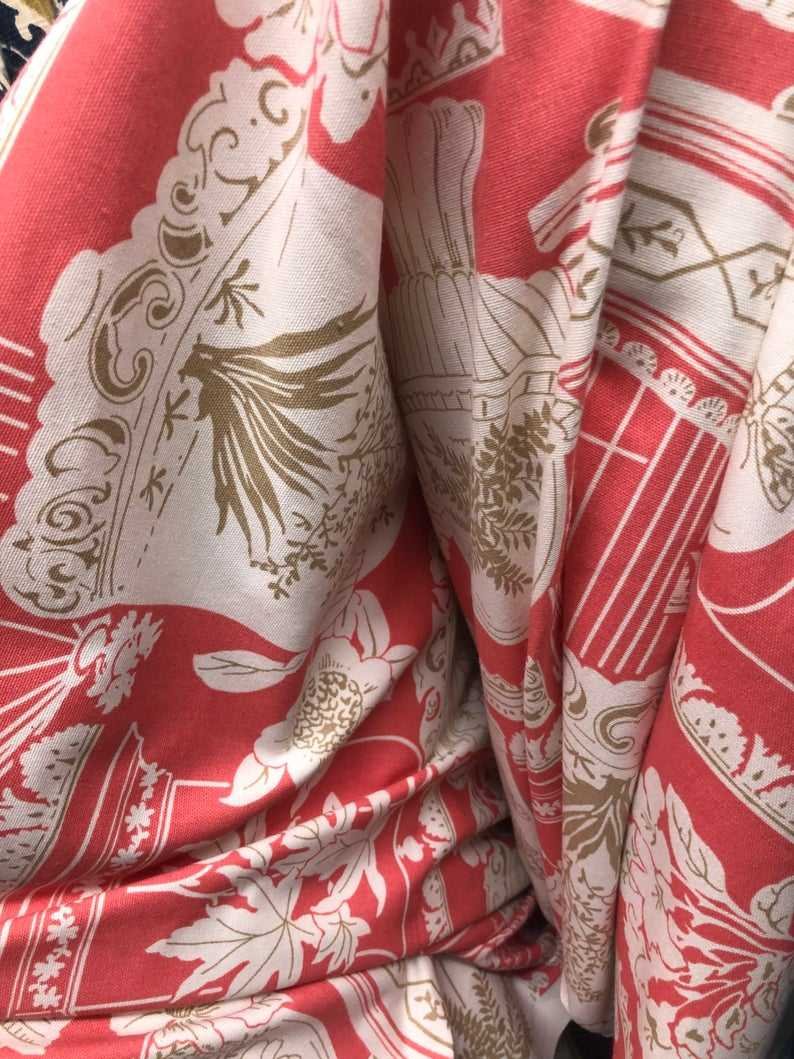 Chinoiserie Toile Ginger Jars Coral White Fabric Curtains Botanical Floral