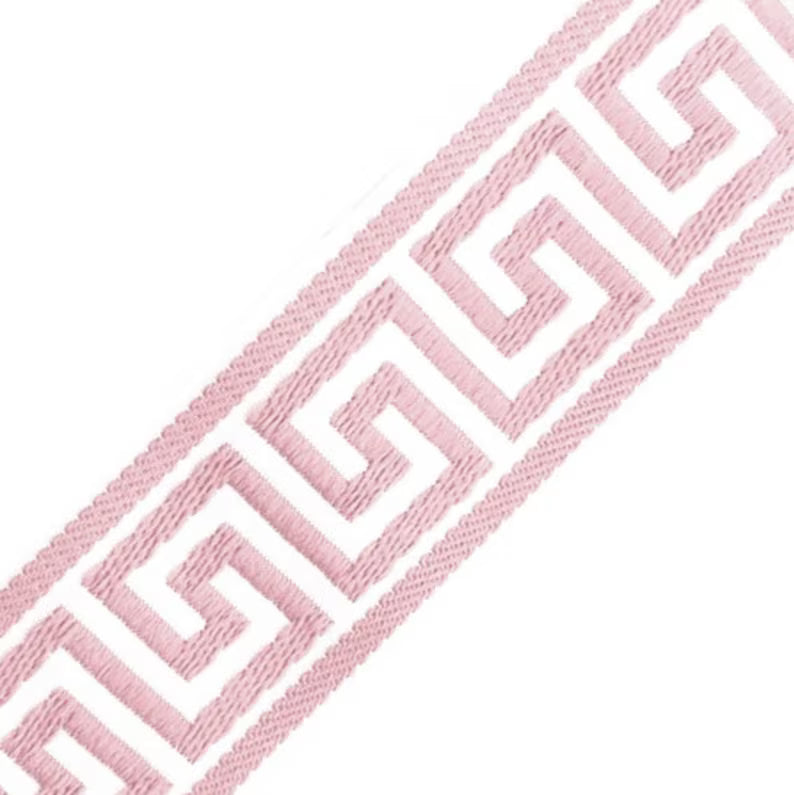 Greek Key Light Pink on White Tape Jacquard Embroidered