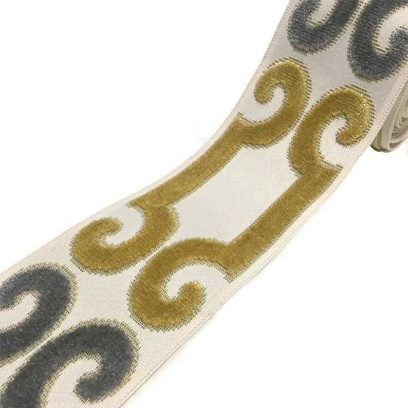 Designer Trim Tape Fret Charcoal Mustard Velvet Off White Hollywood Regency