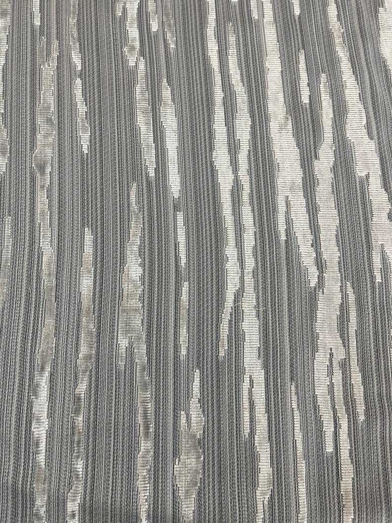Designer Fabric Grey Abstract Stripe Silver Print Burnout Flock Cut Velvet