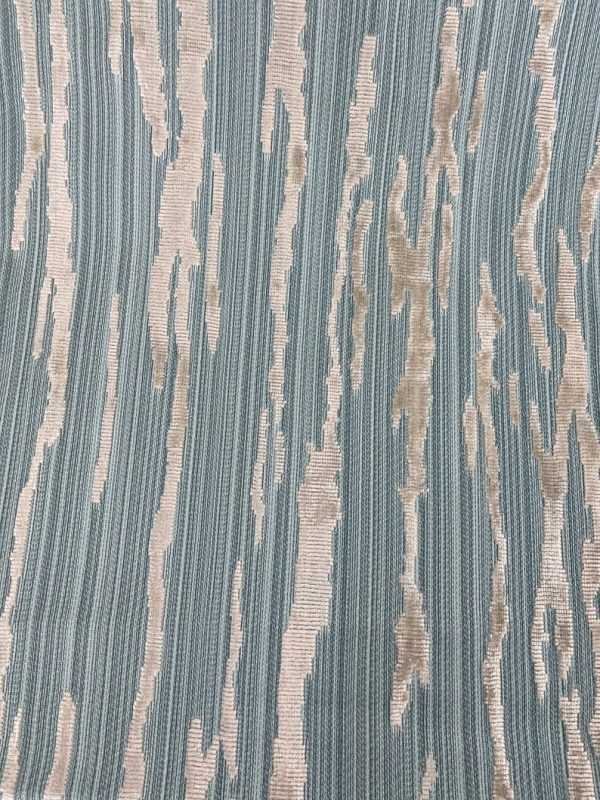 Designer Fabric Teal Abstract Stripe Silver Print Burnout Flock Cut Velvet