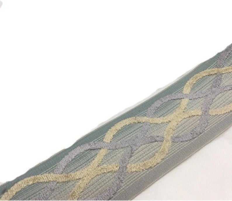 Designer Fretwork Trim Aqua Blue Beige Grey Tape Velvet Embroidered