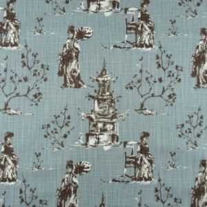 Asian Toile Chinoiserie Pagoda French Blue Ivory Drapery Designer Fabric