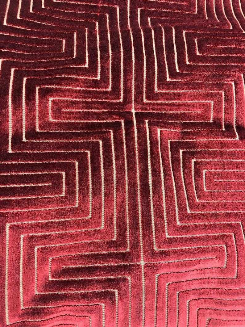 Designer Fabric Burnout Flock Burgundy Red Cut Velvet Beige