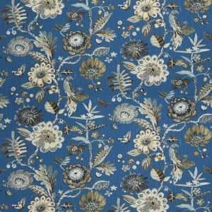 Designer Fabric Floral Bird Fair Colbat Blue Beige White Blues Off White Ivory
