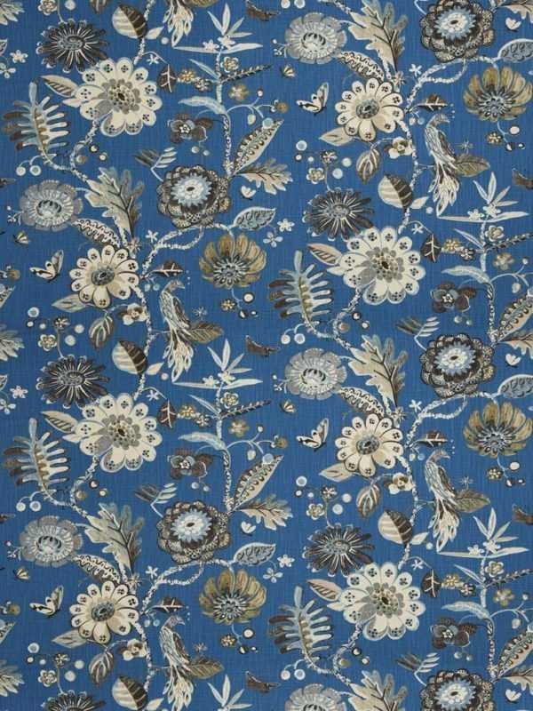 Designer Fabric Floral Bird Fair Colbat Blue Beige White Blues Off White Ivory